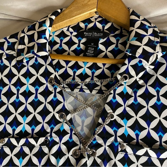 White House|Black Market Dress Womans Medium Collard Chain V Neck Geometric Blue - Picture 3 of 9